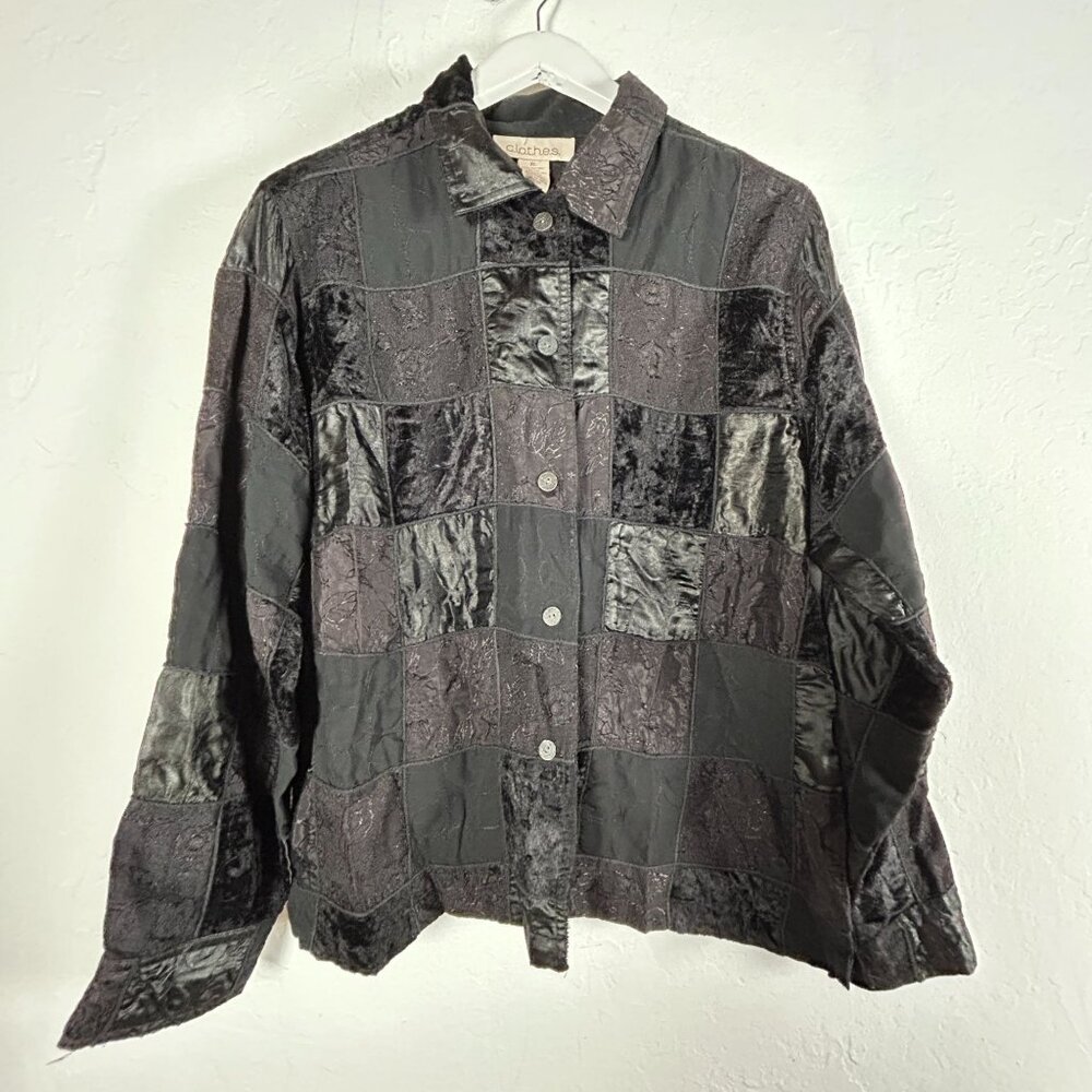 C.L.O.T.H.E.S. Womens Black Gray Patchwork Button-Up Shirt XL Boho Velour Retro